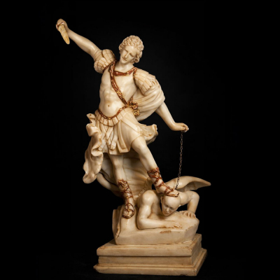 Gran San Miguel Arc&aacute;ngel en alabastro, Italia. Trabajo Romano del siglo XVII. 