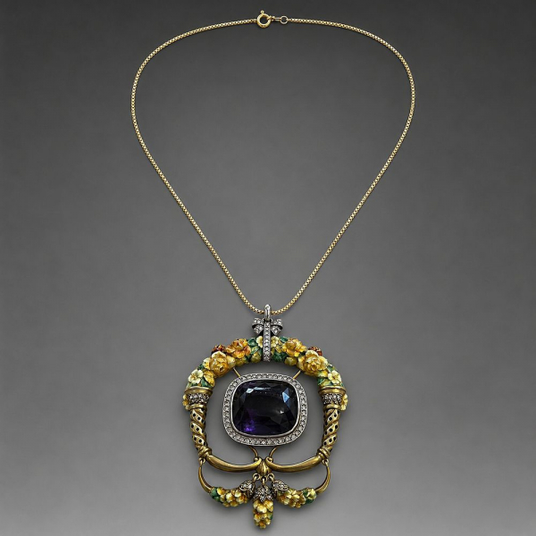 MASRIERA CARRERAS. Espectacular y gran colgante estilo Art Nouveau en oro 18K, gran amatista y esmaltes.