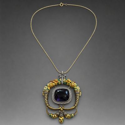 MASRIERA CARRERAS. Espectacular y gran colgante estilo Art Nouveau en oro 18K, gran amatista y esmaltes.