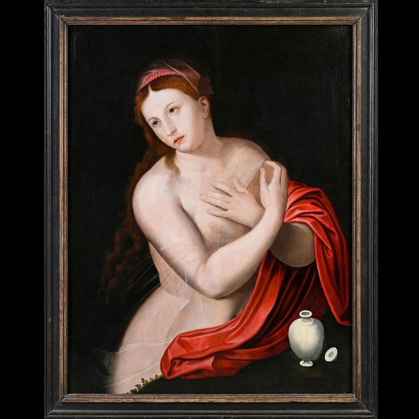 Willem Key (1515-1568) atribuido a "Santa Magdalena" Óleo sobre tabla sobre dos paneles de roble, 74x57cm buen estado Willem Key (Breda, 1516-Amberes, 1568)1 fue un pintor flamenco renacentista especializado en retratos.