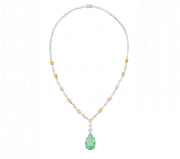 Collar con turmalina paraiba colgante talla pera de 18,08 ct, que pende de collar rivière de brillantes, con siete brillantes Fancy yellow talla cojín 