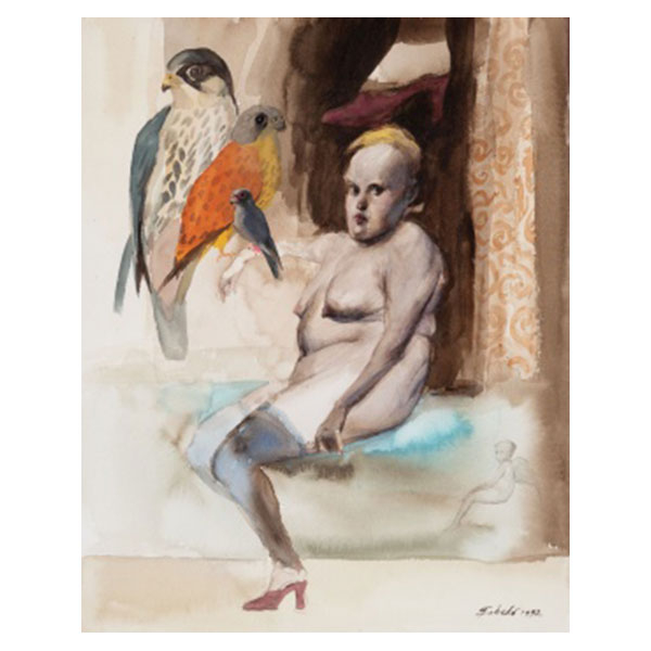 ROBERTO FABELO  (Cuba 1950) "Mujer, ave y zapato de tacón " Firmado: Fabeló 1992 Acuarela / Papel  