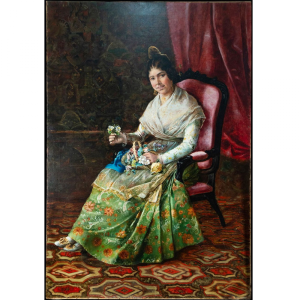 "Valenciana sentada con flores" firmado J. Agrasot, Escuela Espa&ntilde;ola del siglo XIX.   &Oacute;leo sobre lienzo.