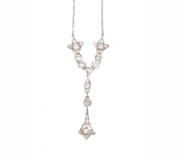 Pendentif Belle-Epoque de brillantes y platino con chatones articulados con campanitas de brillantes.