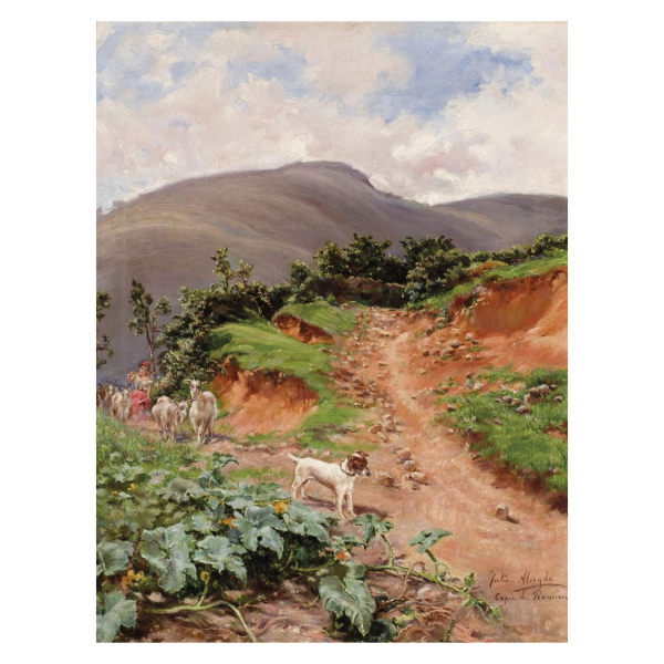 Julia Alcayde.   "Perro en el camino". Óleo sobre lienzo. Firmado 