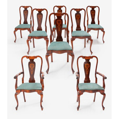 Sillería de comedor compuesta por 6 sillas y 2 butacas en madera de caoba y marquetería Estilo Luis XV.   Época: S. XX