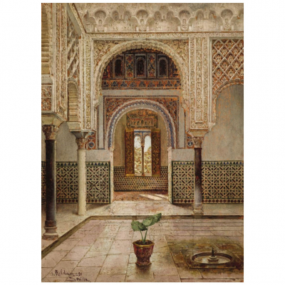 Enrique Roldán.   &quot;Reales Alcázares de Sevilla&quot;. Óleo sobre tabla. Firmado