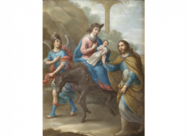 NICOLAS ENRIQUEZ DE VARGAS (1704-1790).  La Visitación, La Adoración de los Reyes Magos, la Huída a Egipto y la Presentación del Niño en el Templo, 1765.   Cuatro óleos sobre cobre. 