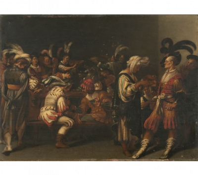 ESCUELA DEL NORTE DE ITALIA, SIGLO XVII.  Jugadores de dados, m&uacute;sicos y la Buenaventura. 