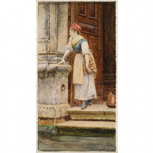 Juan Luna Novicio.   "Joven veneciana al pie del canal". Acuarela. Firmada y localizada (Venecia)