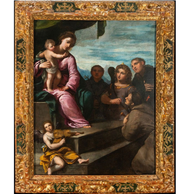 "Virgen con el Ni&ntilde;o y santos" Escuela italiana, c&iacute;rculo de Ippolito Scarsella, Siglo XVII.