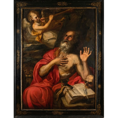 Maestro Barroco Italiano del siglo XVII "San Jer&oacute;nimo y el &aacute;ngel anunciador".   &Oacute;leo sobre lienzo.