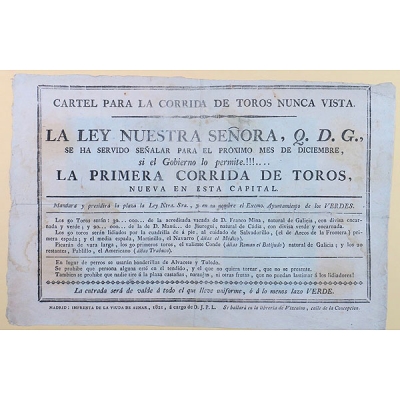 Cartel taurino satírico, Madrid, 1821