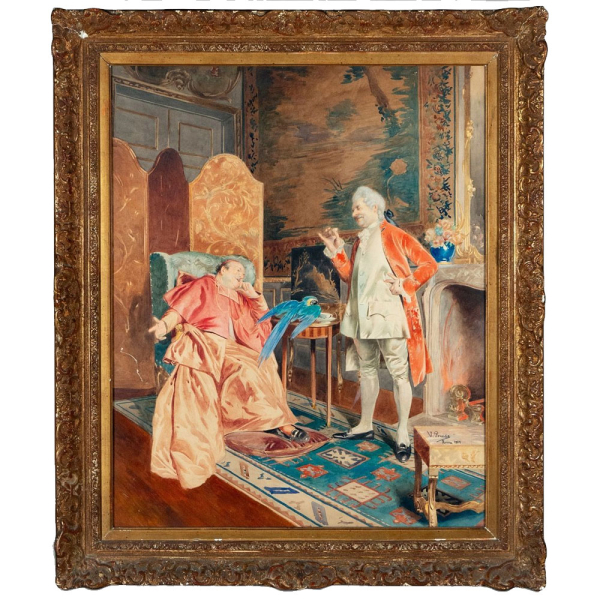 Vicente Poveda "La Visita al Cardenal", Escuela Espa&ntilde;ola, 1884. Acuarela sobre papel