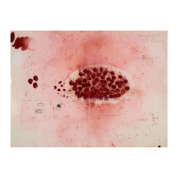 Frederic Amat Noguera (Barcelona, 1952)  Estudio de cerezas.  Técnica mixta sobre papel. Firmado, fechado en 1982 y localizado en Barcelona.