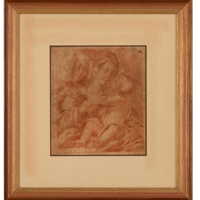 Precioso Dibujo Renacentista italiano del siglo XVI con Madonna, círculo/manera de Bernardino Luini o Giuglio Romano.