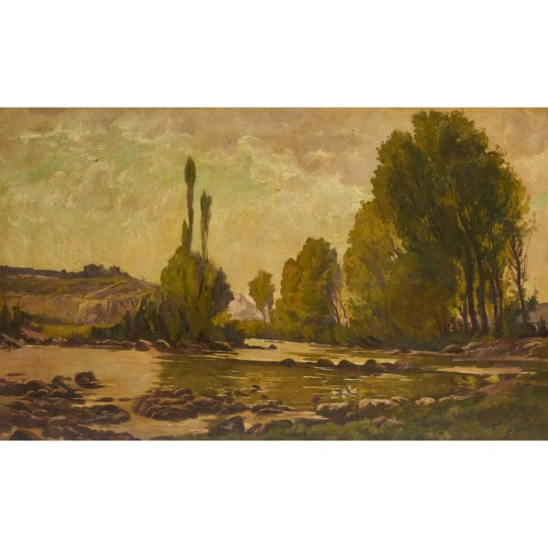 Francisco Gimeno Arasa (Tortosa, Tarragona, 1858-Barcelona, 1927).  Paisaje fluvial.  &Oacute;leo sobre tela. Firmado.  