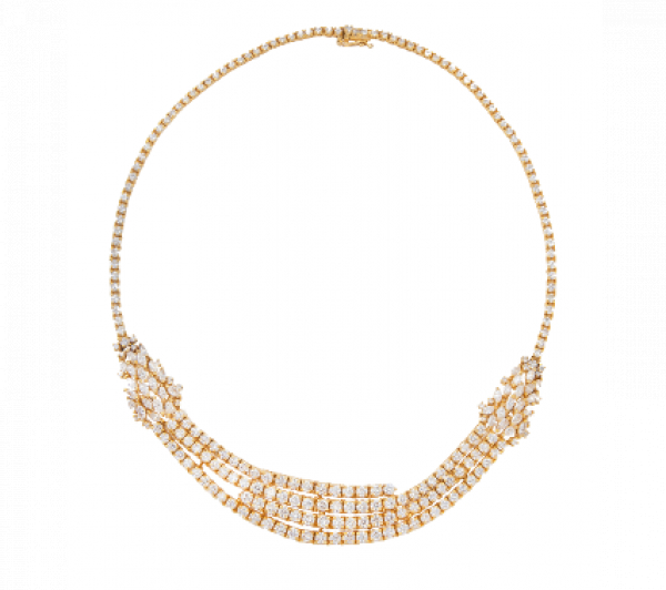 Collar de brillantes con diseño de cuatro bandas frontales entre racimos de diamantes marquisse.   En oro amarillo de 18K.