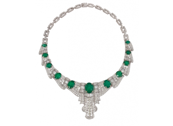 Conjunto de collar y pendientes de esmeraldas, brillantes y baguettes años 40-50 