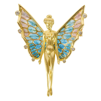Broche-colgante diseño ninfa en oro y esmalte pliquè-a-jour con diamantes talla brillante engastados en chatón, 0,35 ct aprox.
