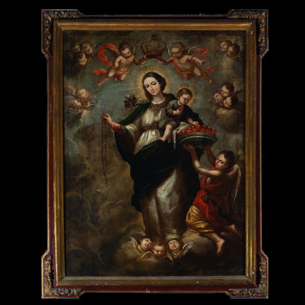 Excepcional Virgen del Rosario, a la manera de Juan de Espinal, escuela sevillana del siglo XVIII.