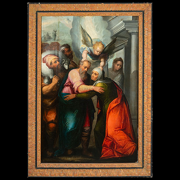 ATRIBUIDA A LUIS DE VARGAS (Sevilla 1505 - 1567) - Abrazo de San Joaquin y Santa Ana ante la Puerta Dorada.