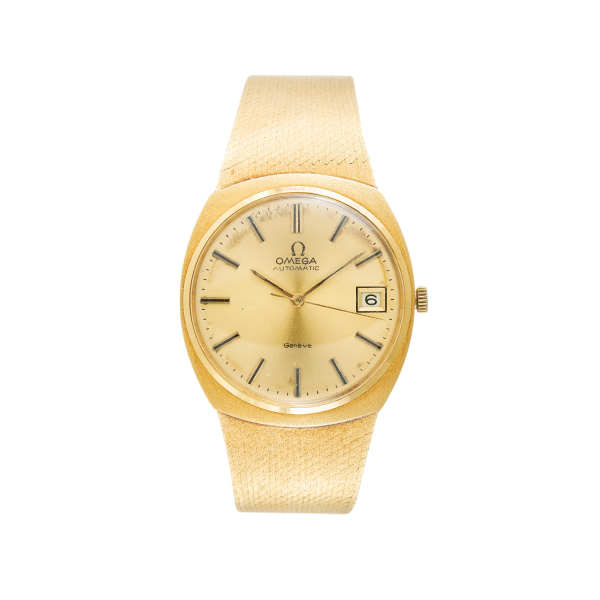 Reloj Omega de pulsera para caballero. En oro. Esfera dorada con numeración a trazos aplicados.