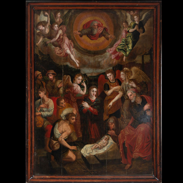 &quot;La Adoración de Pastores&quot; Escuela Hispanoflamenca del siglo XVI - XVII.    Óleo sobre tabla