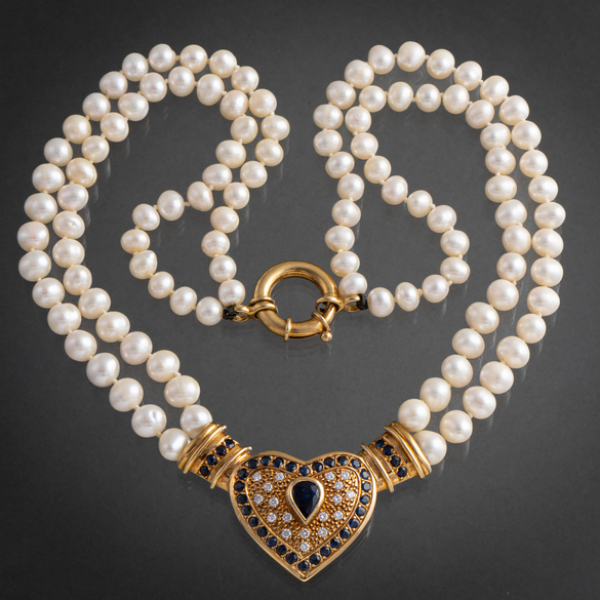 Collar de dos vueltas de perlas cultivadas con colgante en forma de corazón en oro amarillo de 18kt con brillantes y zafiros.