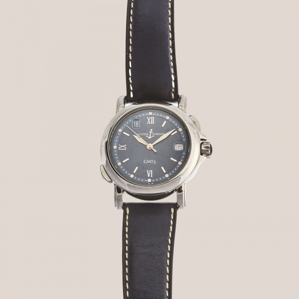 ULYSSE NARDIN &laquo;San Marco GMT&raquo;. Reloj de pulsera unisex, c. 2000. En acero y correa de piel. Ref-N&ordm; 203-22/2463.