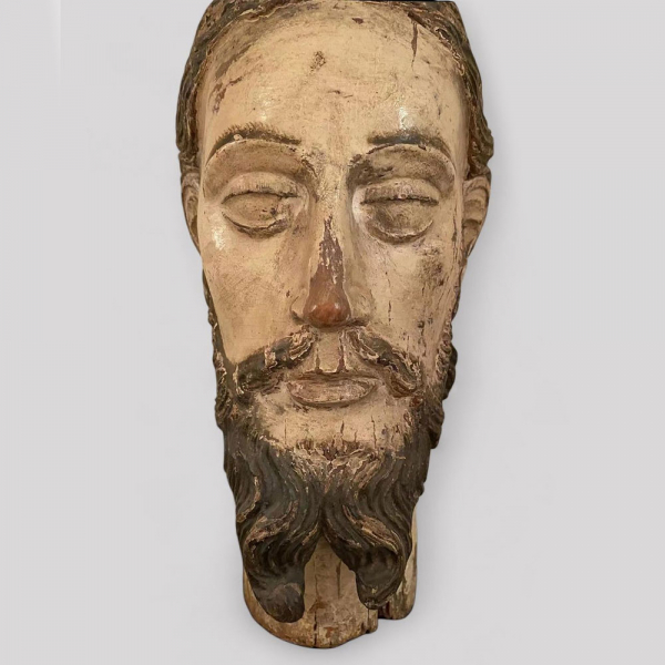 Rara Gran Cabeza de Cristo colonial Mexicano. Madera policromada. Nueva Espa&ntilde;a, siglo XVI