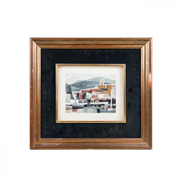 Gouache s/papel: &#039;Muelle de Uribitarte&#039;. NICOLÁS MARTÍNEZ ORTIZ DE ZÁRATE. Firmado.