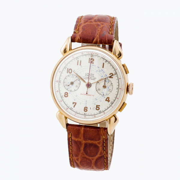 Reloj cron&oacute;grafo vintage, cab., suizo CAUNY PRIMA (La Chaux-de-Fonds), en caja original de oro rosa 18 K 