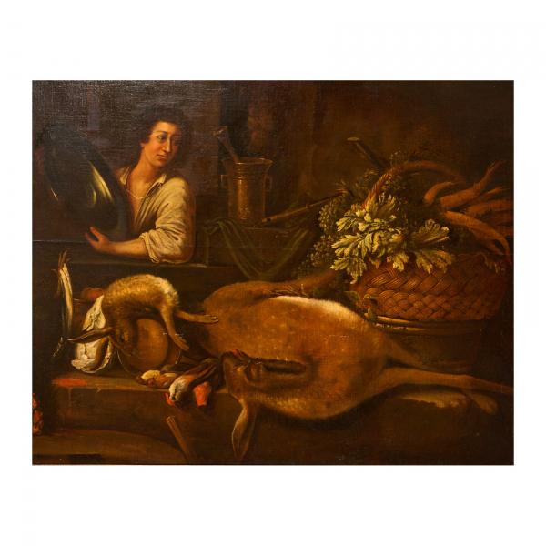 Escuela alemana, segunda mitad del s.XVIII.  Naturaleza muerta con personaje.  Óleo sobre tela. 