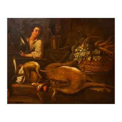 Escuela alemana, segunda mitad del s.XVIII.  Naturaleza muerta con personaje.  Óleo sobre tela. 