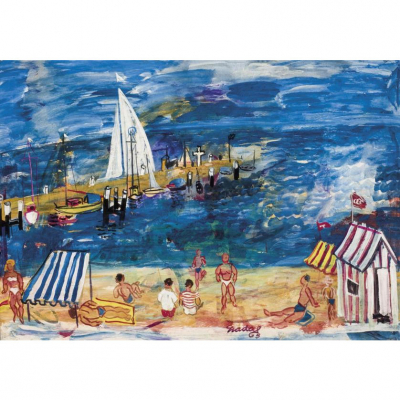 Carlos Nadal Fareras. "En la playa (1963)". &Oacute;leo sobre cart&oacute;n lefranc. Firmado y fechado (63)  