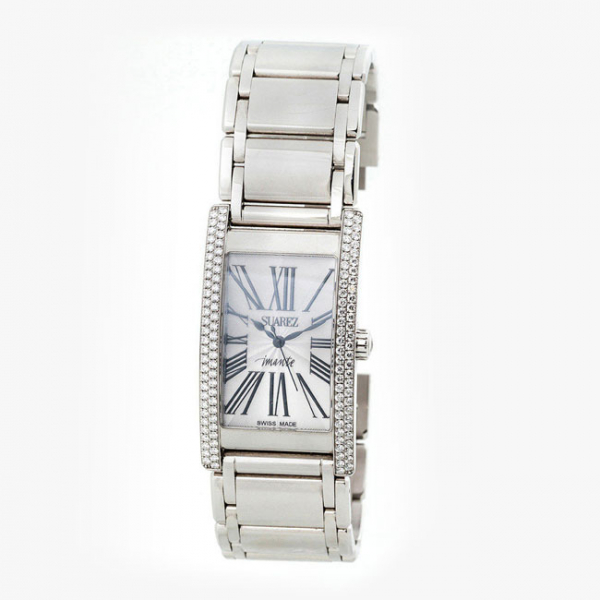 Reloj joya suizo IMANTE para JOYERIA SUAREZ. Caja de acero rectangular curvada con cristal zafiro decorada con limpios y blancos diamantes