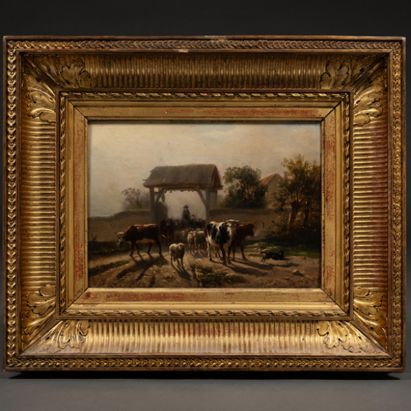 "Pastor con Ovejas".  RAIMOND NOEL ESBRAT (París, 1809-1856).   Firmado: R. Esbrat.   Técnica: Óleo/Tabla