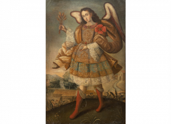 VIRREINATO DEL PER&Uacute;, SIGLO XVIII  Arc&aacute;ngel   &Oacute;leo sobre lienzo. 