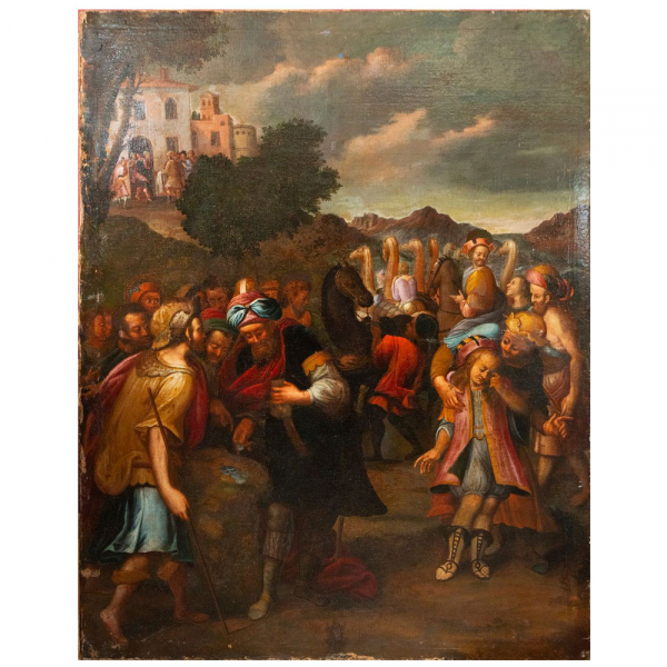 "Las Monedas de Judas" firmado con anagrama L.G. Escuela Italiana. Siglo XVII.   Óleo sobre lienzo. 