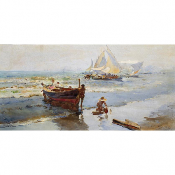 Jos&eacute; Navarro Llorens. "Vuelta de la pesca". &Oacute;leo sobre lienzo. Firmado en el &aacute;ngulo inferior derecho.