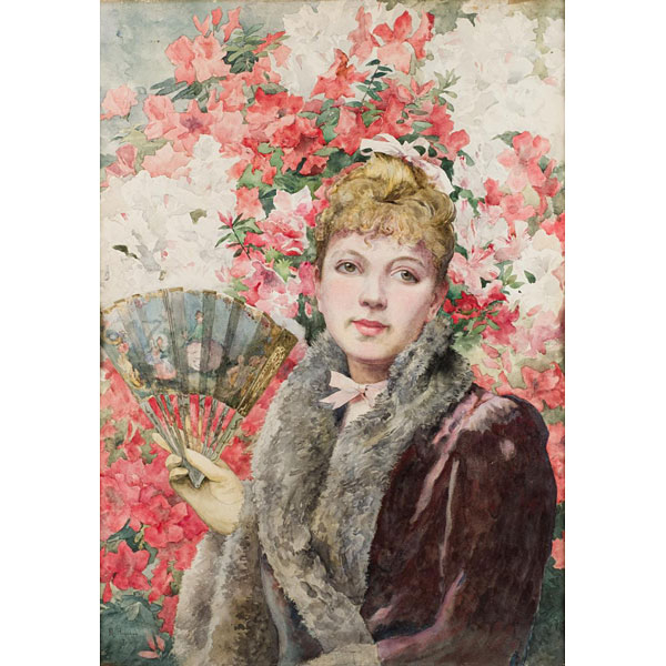 Félix Resurrección Hidalgo (1855 - 1913).    "Joven dama con abanico". Acuarela.