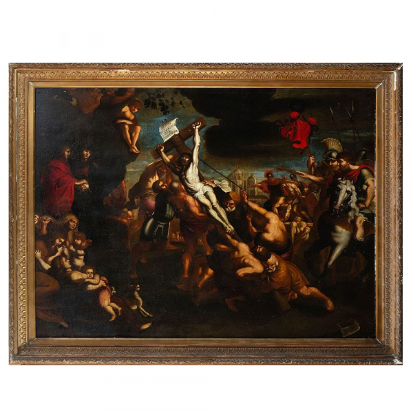 La Crucifixión de Cristo, escuela italiana del siglo XVII.   Gran óleo sobre lienzo.