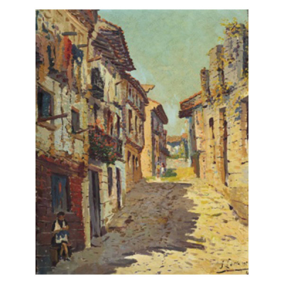 JUAN LARRAMENDI ARBURUA   (Vera de Bidasoa, Navarra 1917-2005)  &quot;Calle rural con personajes&quot;  Firmado: J. Larramendi 46 