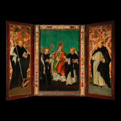 Espectacular Gran Tríptico de estilo Gótico Neerlandés del Sur del siglo XVI , firmado y fechado Iacob Renpoldt 1587