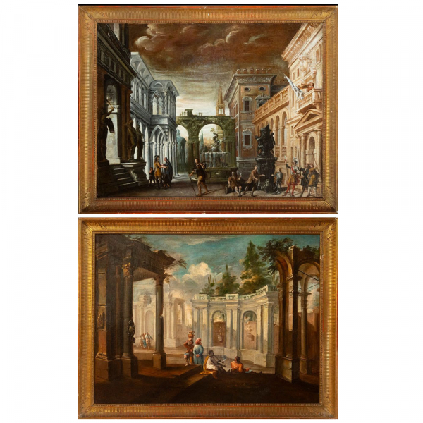 Pareja de decorativos "Caprichos arquitectónicos con figuras" de la Escuela italiana del siglo XVIII.  