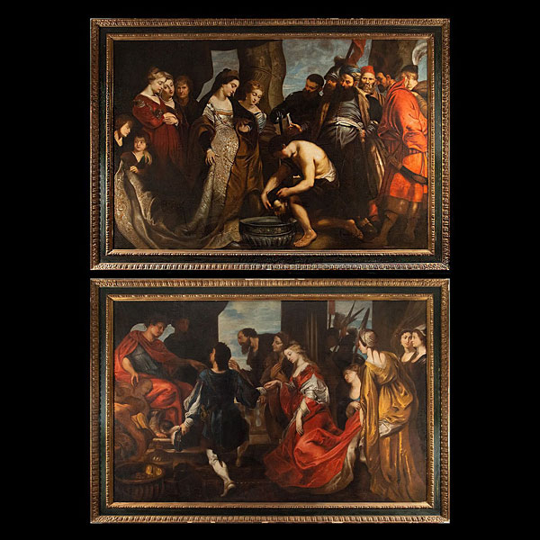 TALLER DE PEDRO PABLO RUBENS (Siegen, 1577 - Amberes, Bélgica, 1640), Escuela flamenca del siglo XVII. Abigail Frente al Rey David y a Salomé junto a la cabeza de San Juan Bautista. Monumental Pareja de Óleos sobre lienzo.