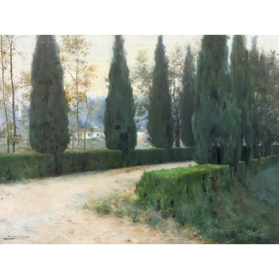 Llu&iacute;s Graner Arruf&iacute; (Barcelona, 1863-1929)  Camino con cipreses.  &Oacute;leo sobre tela. Firmado. 