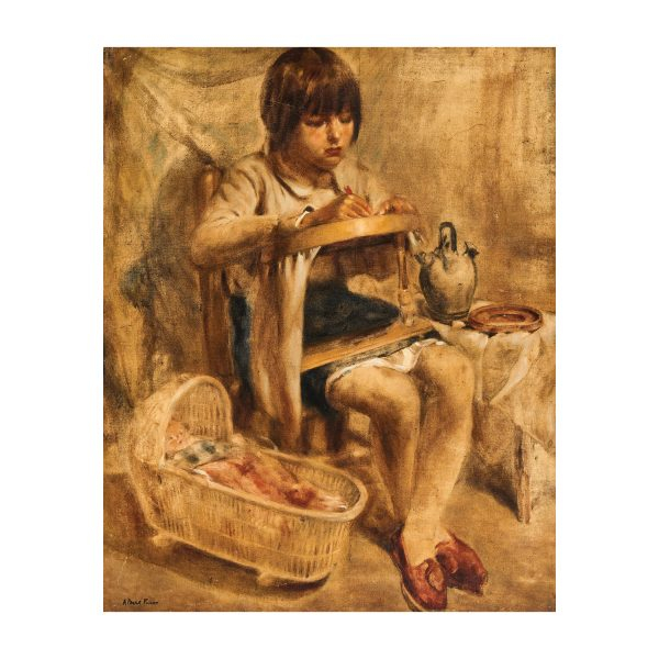 Agustí Ferrer Pino (Sitges, Barcelona, 1884-1960) Niña bordando. Óleo sobre tela.