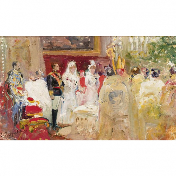 Juan Comba y García. &quot;Boda de Alfonso XIII&quot;. Óleo sobre lienzo. Firmado en el ángulo inferior izquierdo.